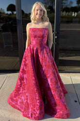 Dreamyannie Fuchsia Prom Dress Floral Embroidered A-Line Long Formal Dress