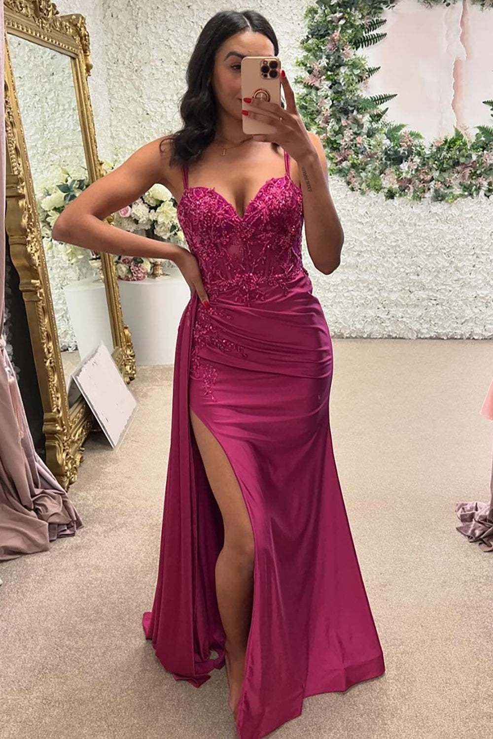 Dreamyannie Fuchsia Prom Dress Floral Mermaid Ruche Spaghetti Straps Long Formal Dress With Slit