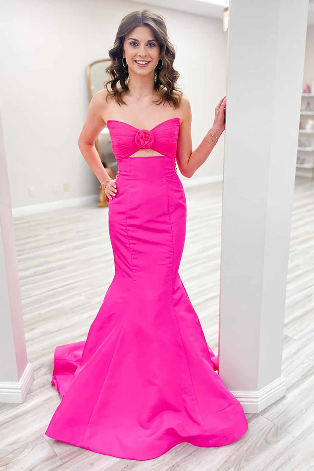 Dreamyannie Fuchsia Prom Dress Floral Mermaid Strapless Long Formal Dress