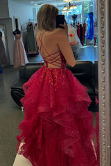Dreamyannie Fuchsia Prom Dress Floral Ruffled A-Line Spaghetti Straps Long Formal Dress