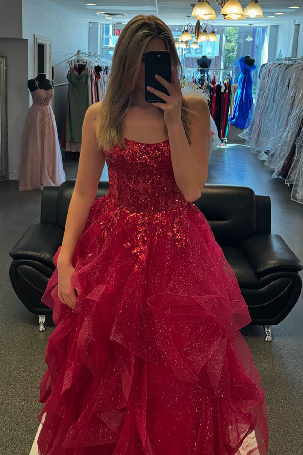 Dreamyannie Fuchsia Prom Dress Floral Ruffled A-Line Spaghetti Straps Long Formal Dress