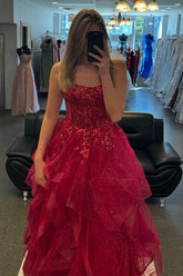 Dreamyannie Fuchsia Prom Dress Floral Ruffled A-Line Spaghetti Straps Long Formal Dress