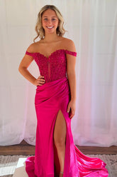 Dreamyannie Fuchsia Prom Dress Mermaid Off The Shoulder Corset Formal Dress With Appliques