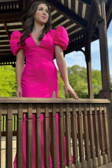 Dreamyannie Fuchsia Prom Dress Mermaid Puff Sleeves Long Formal Dress With Slit