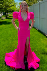 Dreamyannie Fuchsia Prom Dress Mermaid Puff Sleeves Long Formal Dress With Slit