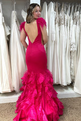 Dreamyannie Fuchsia Prom Dress Mermaid Ruffled Long Formal Dress With Feathers