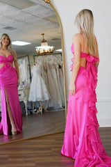 Dreamyannie Fuchsia Prom Dress Mermaid Ruffled Satin Long Formal Dress With Slit
