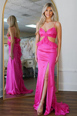 Dreamyannie Fuchsia Prom Dress Mermaid Ruffled Satin Long Formal Dress With Slit