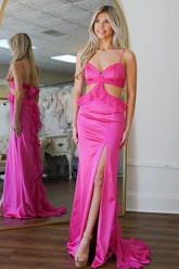 Dreamyannie Fuchsia Prom Dress Mermaid Ruffled Satin Long Formal Dress With Slit