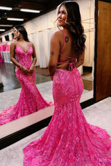 Dreamyannie Fuchsia Prom Dress Mermaid Sequins Long Backless Formal Dress