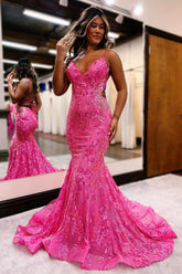 Dreamyannie Fuchsia Prom Dress Mermaid Sequins Long Backless Formal Dress