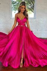 Dreamyannie Fuchsia Prom Dress Metallic Pleated Formal Dress With Slit