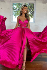 Dreamyannie Fuchsia Prom Dress Metallic Pleated Formal Dress With Slit