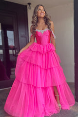 Dreamyannie Fuchsia Prom Dress Off The Shoulder A-Line Tiered Long Formal Dress With Slit