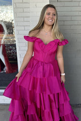 Dreamyannie Fuchsia Prom Dress Off The Shoulder Ruffled Long Formal Dress