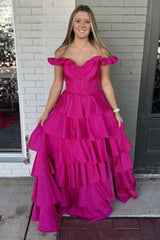 Dreamyannie Fuchsia Prom Dress Off The Shoulder Ruffled Long Formal Dress
