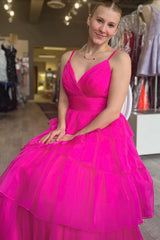 Dreamyannie Fuchsia Prom Dress Ruffled Spaghetti Straps Tulle A Line Long Formal Dress