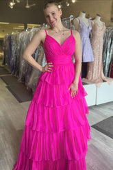 Dreamyannie Fuchsia Prom Dress Ruffled Spaghetti Straps Tulle A Line Long Formal Dress