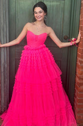 Dreamyannie Fuchsia Prom Dress Ruffled Sweetheart Long Formal Dress