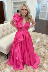 Dreamyannie Fuchsia Prom Dress Ruffled V-Neck Long Formal Dress
