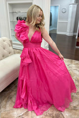 Dreamyannie Fuchsia Prom Dress Ruffled V-Neck Long Formal Dress