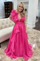 Dreamyannie Fuchsia Prom Dress Ruffled V-Neck Long Formal Dress