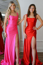 Dreamyannie Fuchsia Prom Dress Satin Corset Mermaid Long Formal Dress With Slit