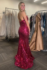 Dreamyannie Fuchsia Prom Dress Sequined Sweetheart Long Formal Dress