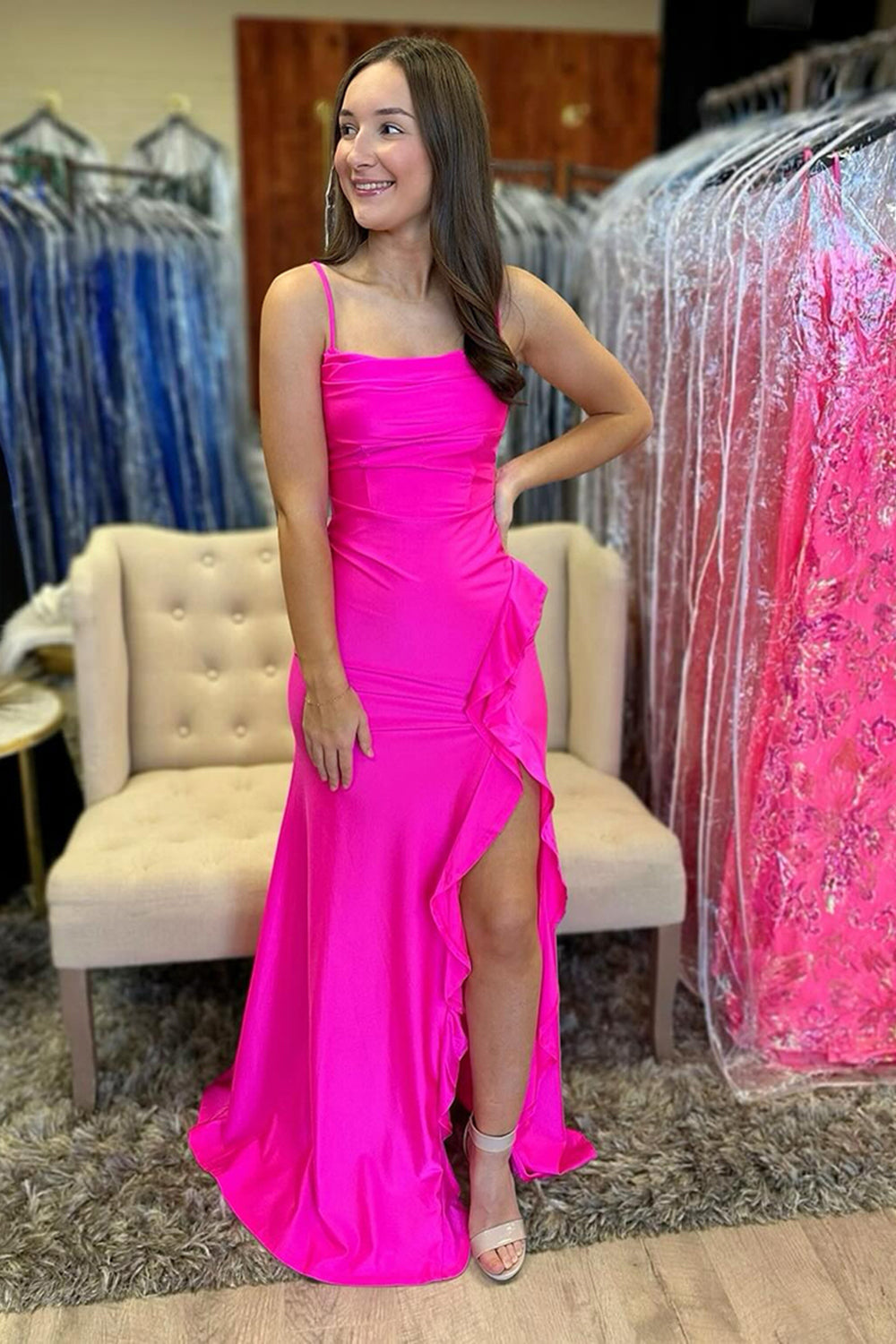 Dreamyannie Fuchsia Prom Dress Spaghetti Straps A Line Formal Dress With Slit