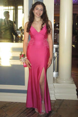 Dreamyannie Fuchsia Prom Dress Spaghetti Straps Mermaid Satin Long Formal Dress With Slit
