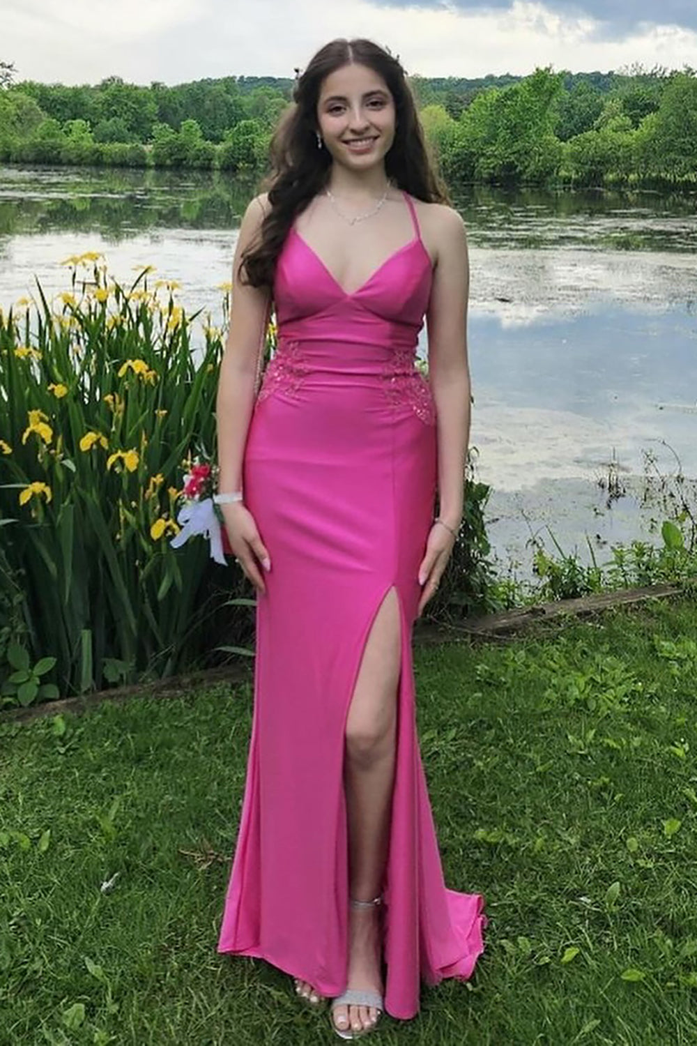 Dreamyannie Fuchsia Prom Dress Spaghetti Straps Mermaid Satin Long Formal Dress With Slit