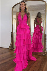 Dreamyannie Fuchsia Prom Dress Tiered A-Line Halter Long Formal Dress With Slit