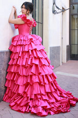 Dreamyannie Fuchsia Prom Dress Tiered A-Line Off The Shoulder Long Formal Dress With Slit