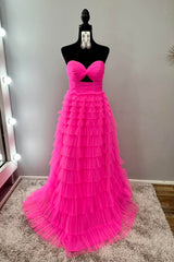 Dreamyannie Fuchsia Prom Dress Tiered A-Line Sweetheart Hollow Out Long Formal Dress