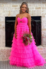Dreamyannie Fuchsia Prom Dress Tiered A-Line Sweetheart Hollow Out Long Formal Dress