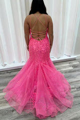 Dreamyannie Fuchsia Prom Dress Tiered Mermaid Long Formal Dress With Appliques