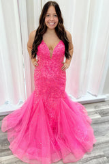 Dreamyannie Fuchsia Prom Dress Tiered Mermaid Long Formal Dress With Appliques