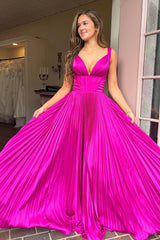 Dreamyannie Fuchsia Prom Dress V-Neck A Line Corset Pleated Long Formal Dress
