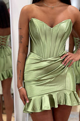 Dreamyannie Fuchsia Sweetheart Homecoming Dresses Satin Short Corset Cocktail Dresses With Ruffles