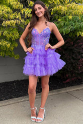 Dreamyannie Glitter Lavender Homecoming Dresses Ruffled Short Corset Cocktail Dresses With Sequins
