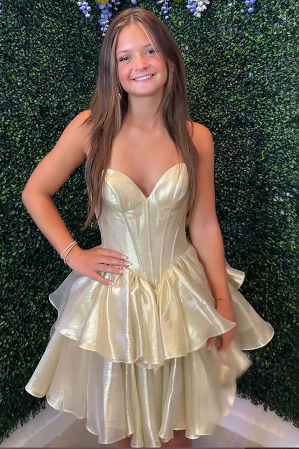 Dreamyannie Gold Organza Homecoming Dresses Tiered Ruffled Short Corset Cocktail Dresses