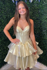Dreamyannie Gold Organza Homecoming Dresses Tiered Ruffled Short Corset Cocktail Dresses