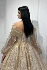 Dreamyannie Gold Prom Dress A Line Off The Shoulder Sequined Formal Dress With Sleeves