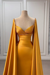 Dreamyannie Gold Prom Dress Column V Neck Cap Sleeves Beaded Sweep Train Satin Formal Dress