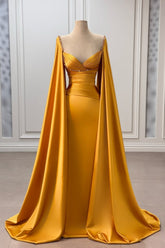 Dreamyannie Gold Prom Dress Column V Neck Cap Sleeves Beaded Sweep Train Satin Formal Dress