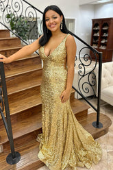 Dreamyannie Gold Prom Dress Mermaid V-Neck Long Formal Dress