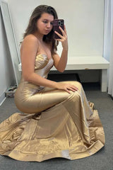 Dreamyannie Gold Prom Dress Satin Mermaid Ruched Formal Dress