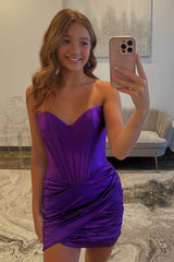 Dreamyannie Grape Sweetheart Tight Homecoming Dresses Ruched Short Corset Cocktail Dresses