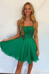 Dreamyannie Green Chiffon Homecoming Dresses Beaded Short Corset Cocktail Dresses With Lace