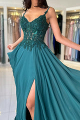 Dreamyannie Green Prom Dress A Line Spaghetti Straps Lace Formal Dress With Slit